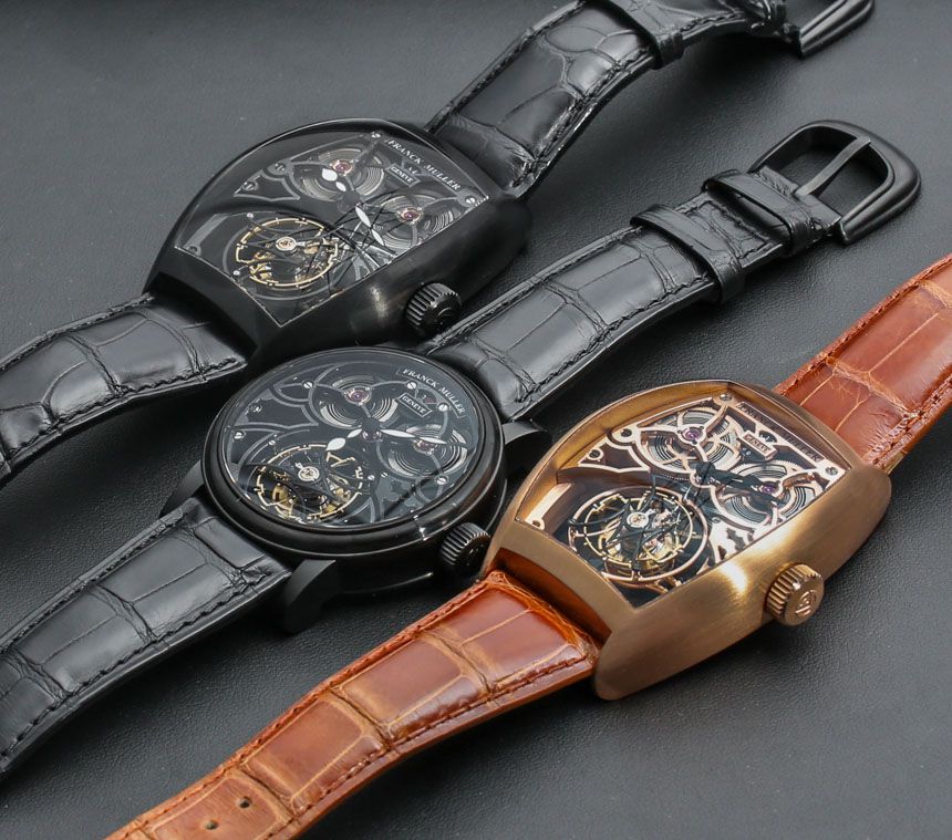 3 chiếc đồng hồ Franck Muller nam -Franck Muller Giga Tourbillon  8889 TG SQT BR5N bản màu đen, bản vàng hồng và bản mặt tròn màu đen.