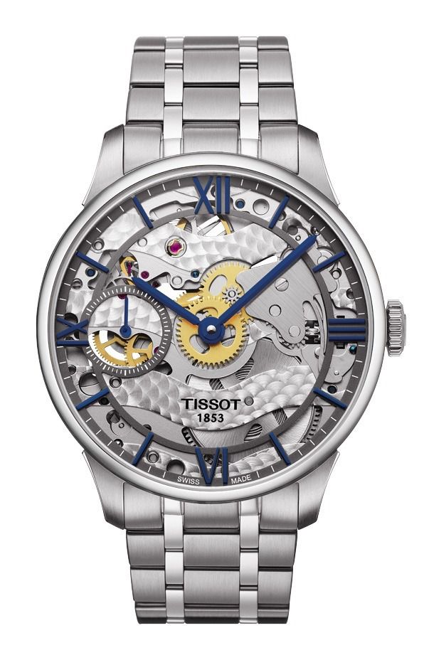 Đồng hồ Tissot Des Tourelles Squelette có kim màu xanh bắt sáng