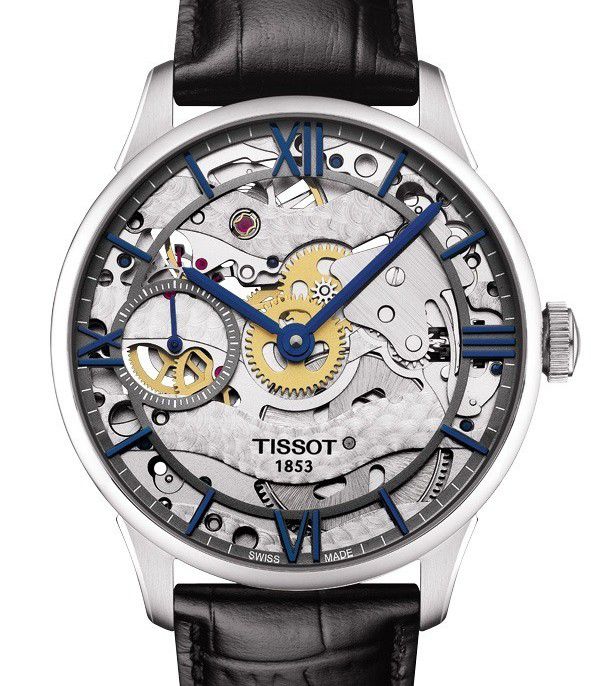 Đồng hồ Tissot Des Tourelles Squelette có kim màu xanh và dây đeo bằng da