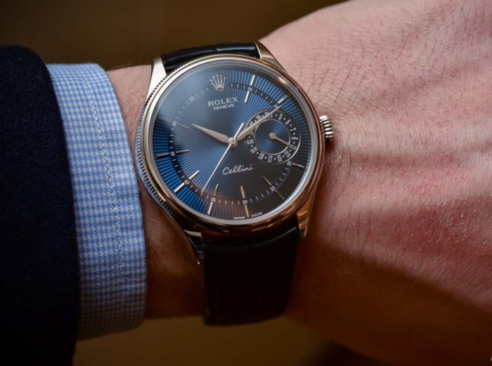 đồng hồ dây da Rolex nam Cellini Date Blue Dial white gold