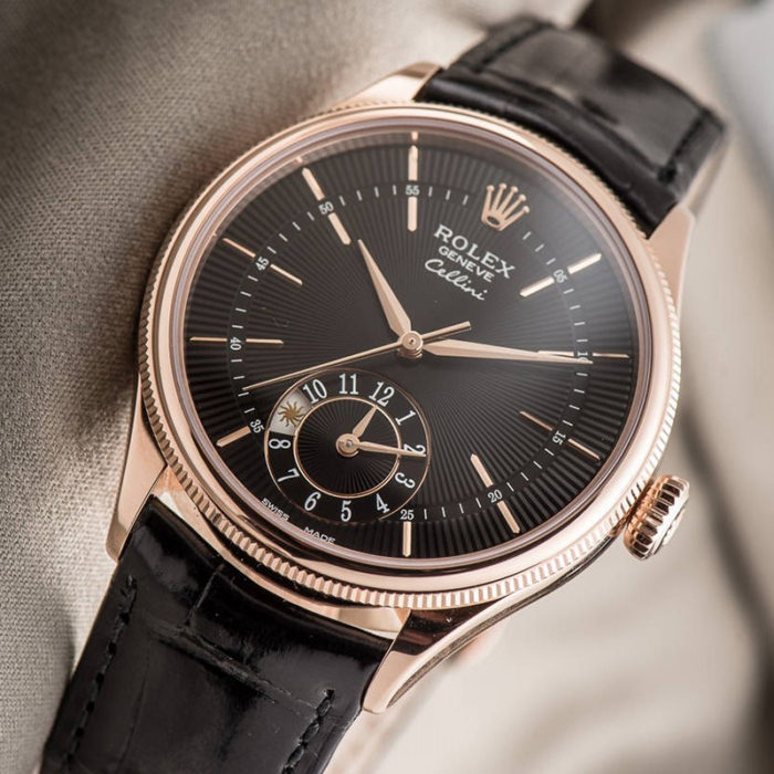 đồng hồ dây da rolex nam cellini dual time rose gold